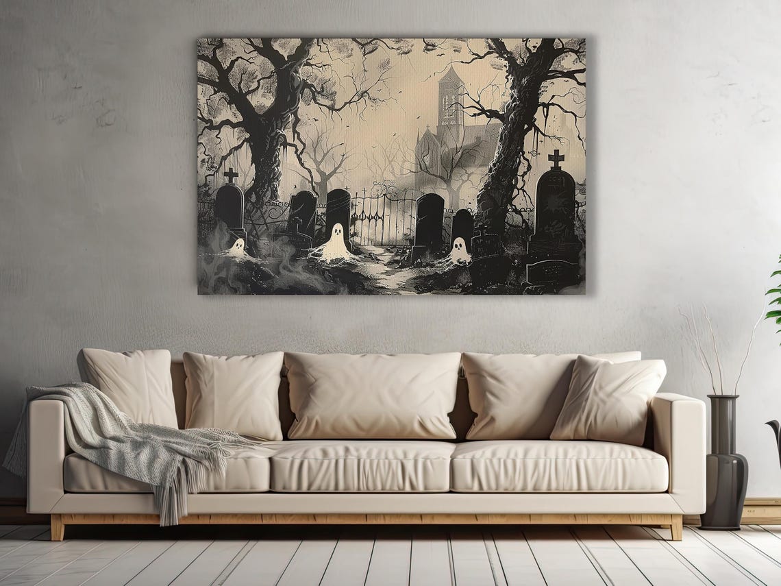 Vintage Haunted Cemetery Ghosts Black and White Engraving Art Poster - Image 2