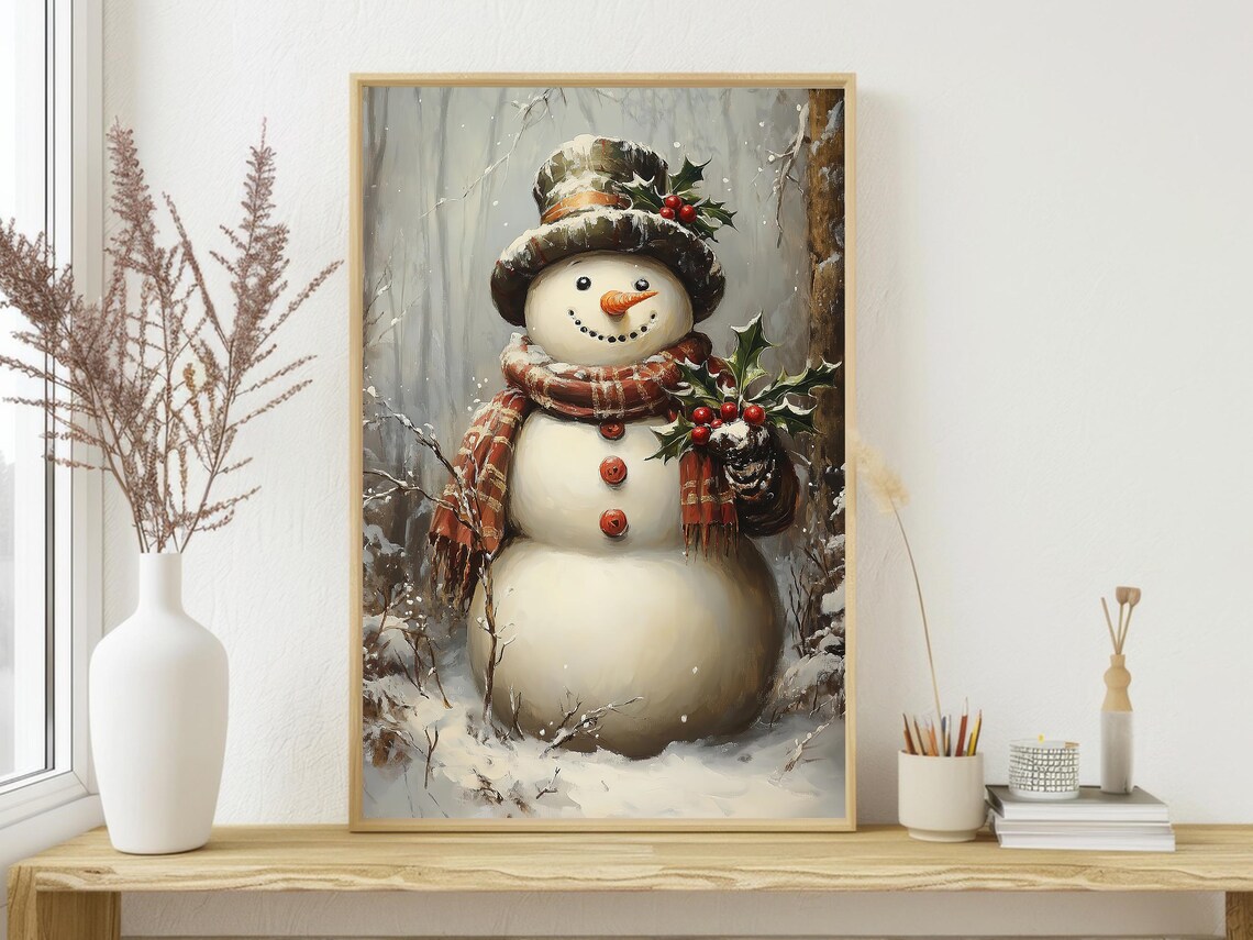 Vintage Snowman Painting, Holiday Winter Art Print - Image 4