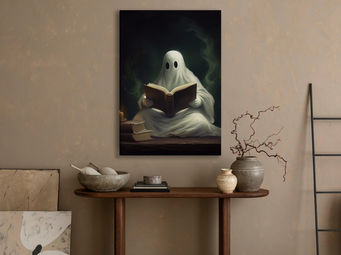 Cute Ghost Reading Old Book By Candlelight Vintage Spooky Halloween Night Print - Image 3