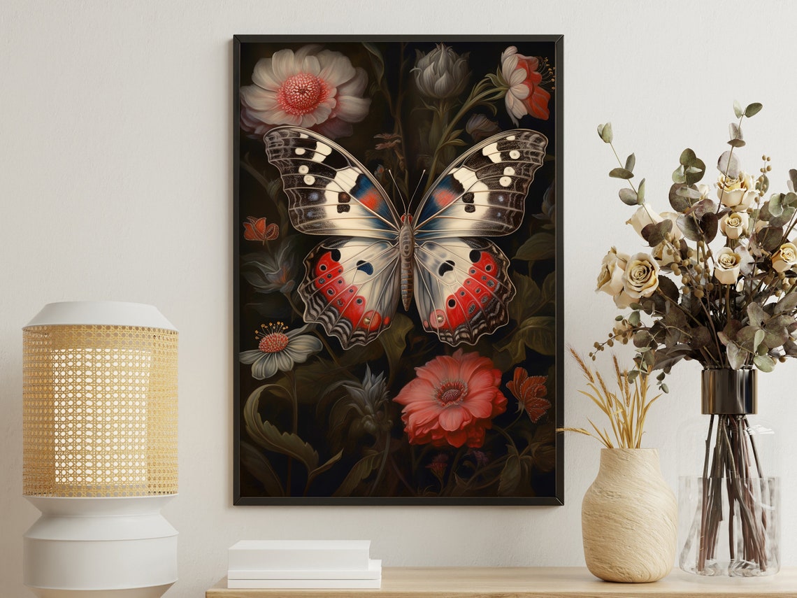Moody Red Black And White Butterfly Among Vintage Florals Print