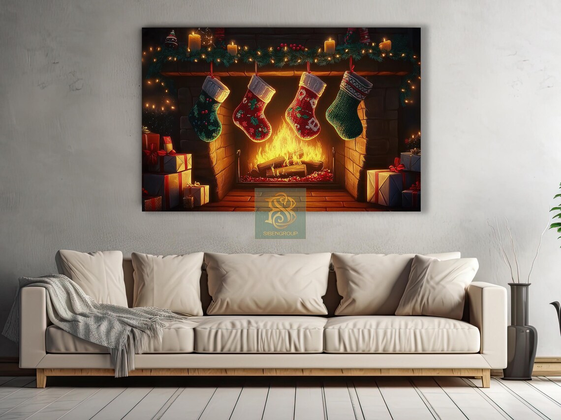 Cozy Christmas Fireplace With Knit Stockings Garland And Gifts Print - Image 2