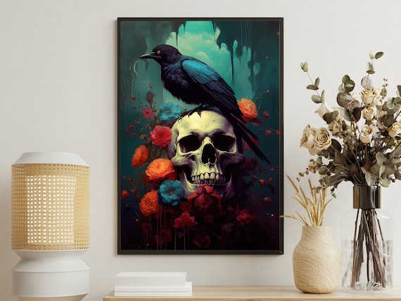Crow Perched On Skull Among Colorful Blooms Teal Gothic Dark Art Poster