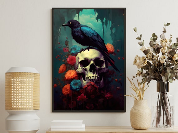 Dark Floral Skull Painting Skull Art Print Skull Print Gothic Art Print Dark Academia Art Crow Poster Print Skull Wall Decor