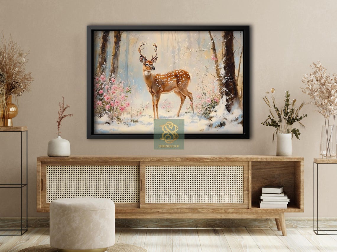 Spotted Deer in Snowy Forest With Pink Blossoms Winter Art Print - Image 4