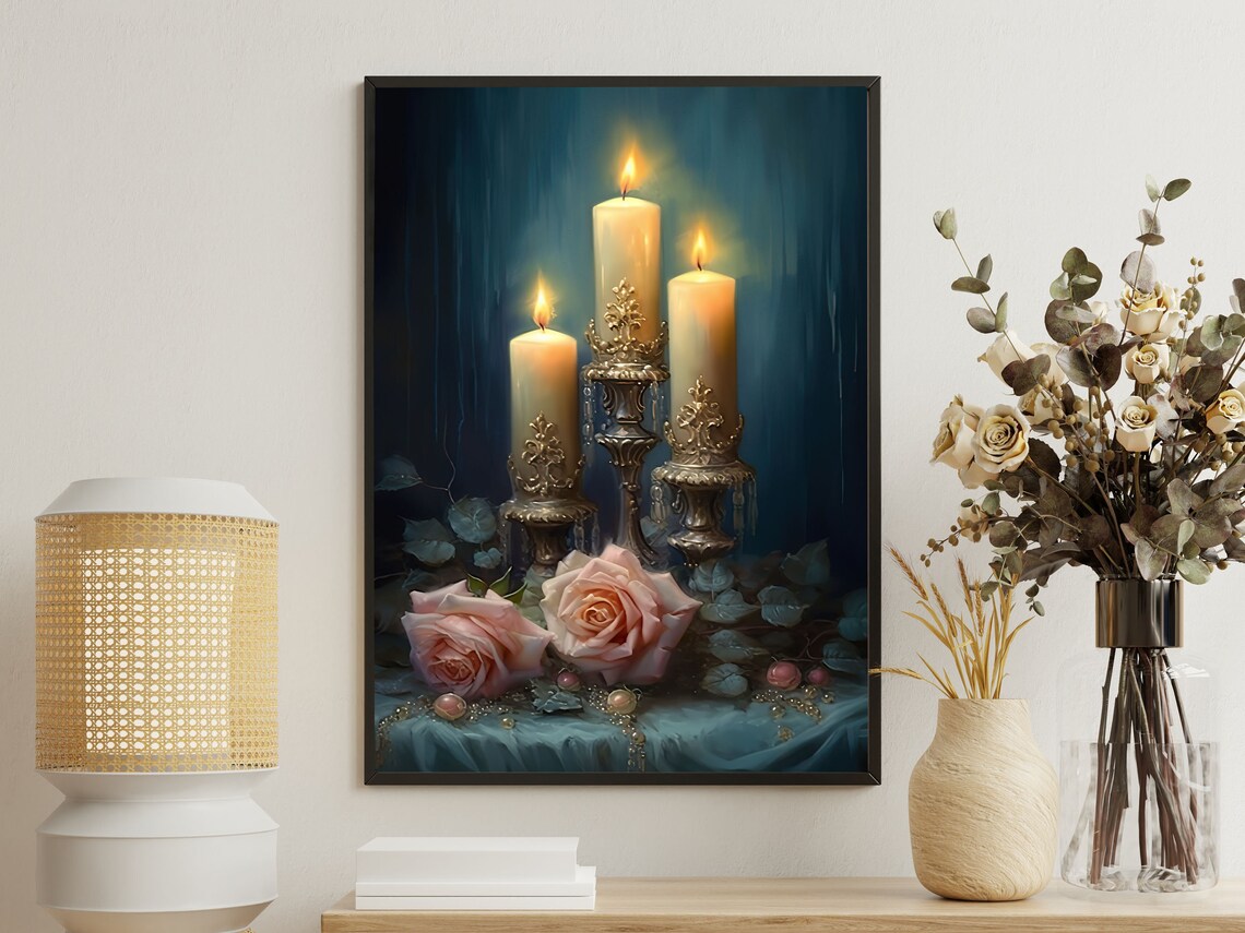 Three Candle Holders Blush Roses Teal Drapery Romantic Still Life Art Poster