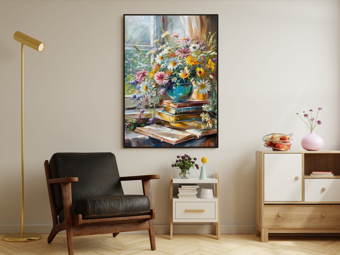 Wildflower Bouquet In Blue Vase On Books By Window Floral Poster - Image 2