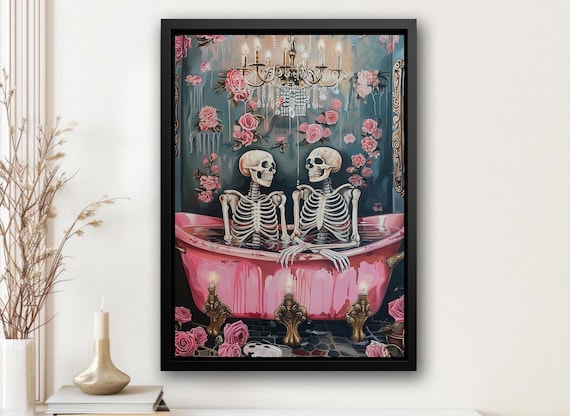 Two Skeletons Sharing Pink Bathtub With Roses Gothic Humor Print