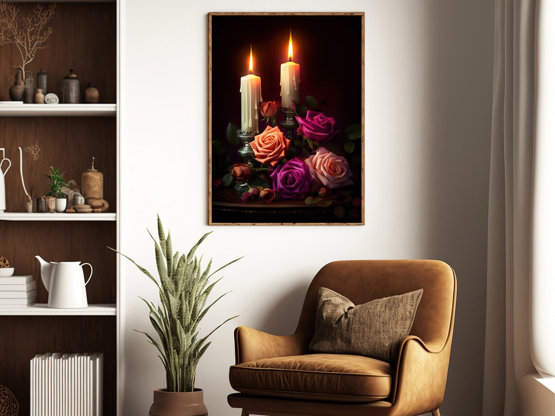 Burning Candles And Romantic Roses In Dark Candlelight Still Life Poster - Image 4