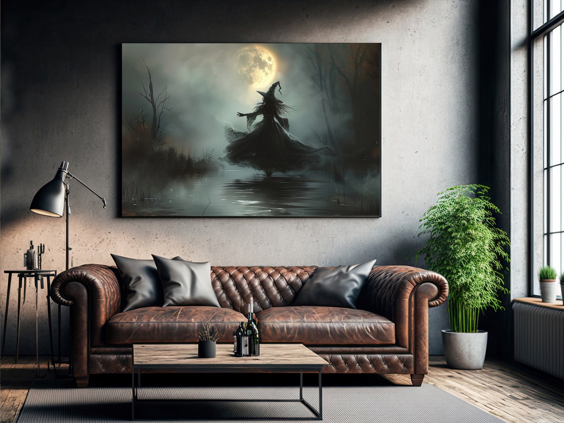 Mystical Witch Dancing Under Full Moon In Misty Marsh Halloween Print - Image 3