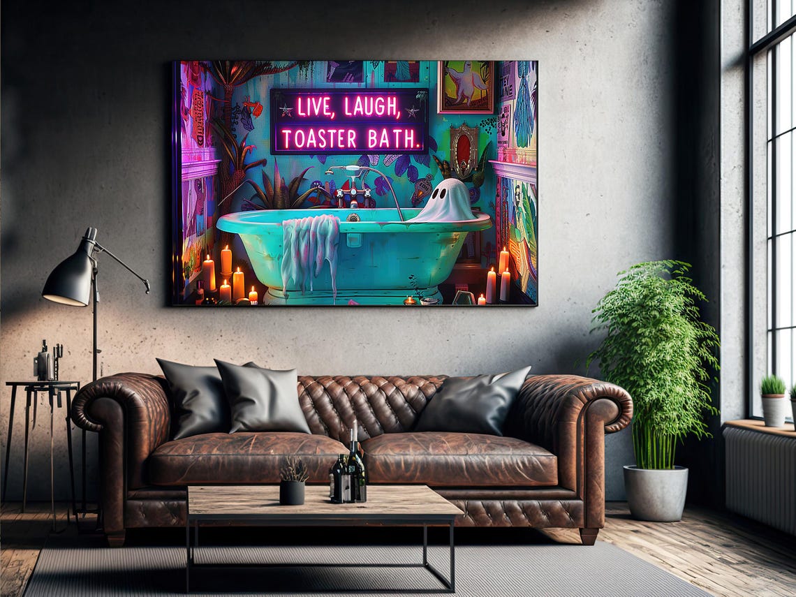 Funny Neon Live Laugh Toaster Bath Ghost Bathtub Halloween Art Poster - Image 3