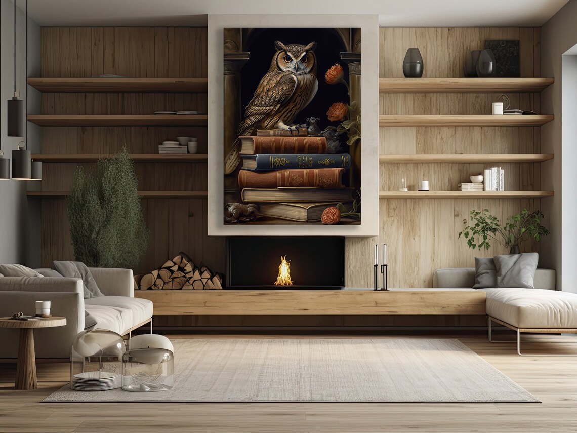 Owl Perched Antique Books Arched Alcove Orange Roses Vintage Art Poster - Image 3