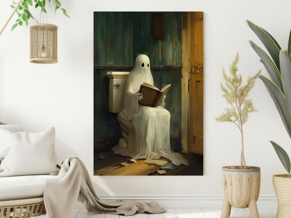 Funny Ghost Reading Book on Toilet Rustic Bathroom Halloween Poster - Image 2