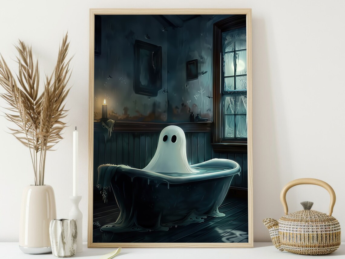 Dark Ghost in Candlelit Bathtub Spooky Vintage Bathroom Halloween Poster - Image 4
