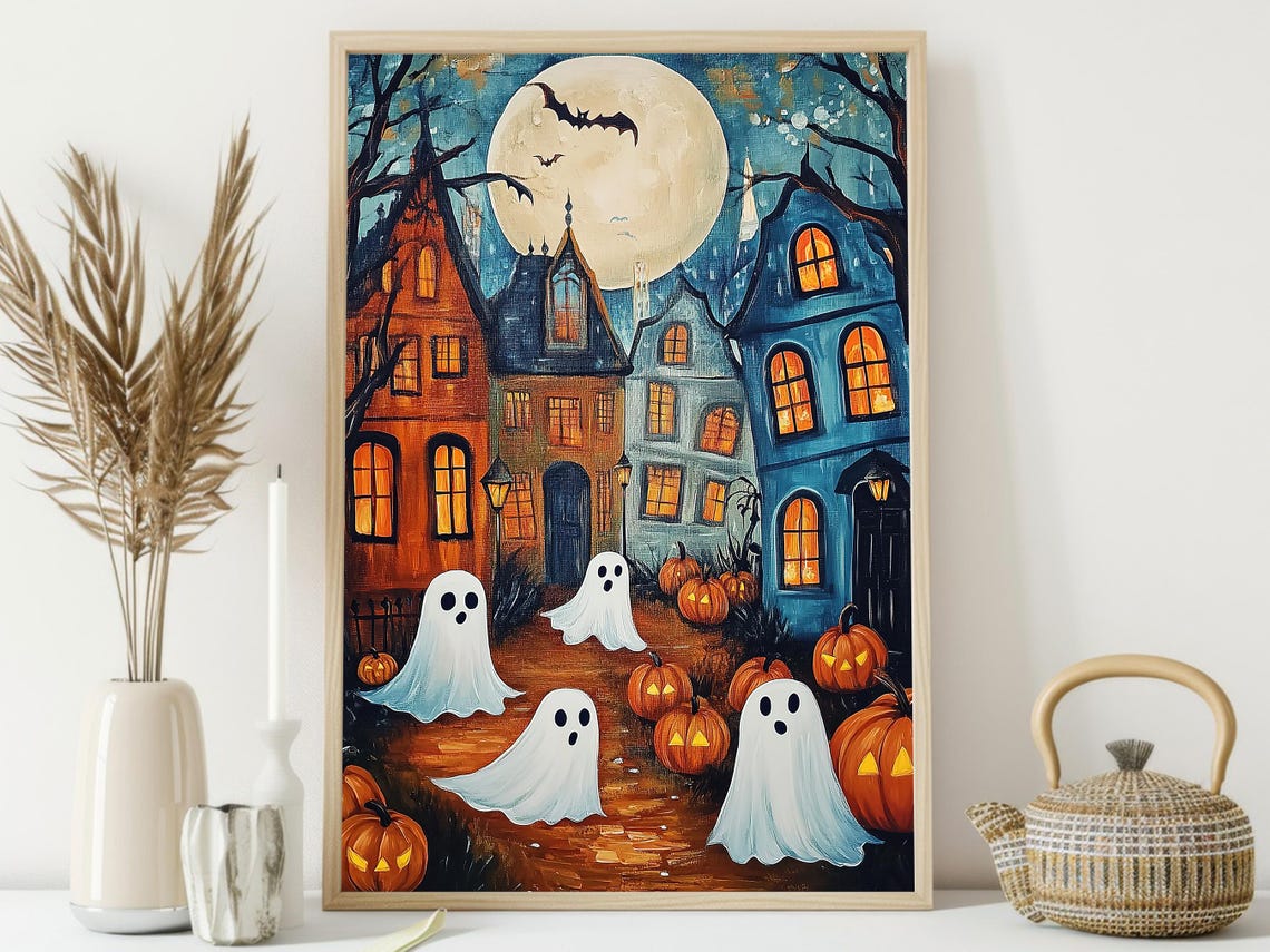 Cute Ghosts On Moonlit Street With Pumpkins Halloween Night Print - Image 3