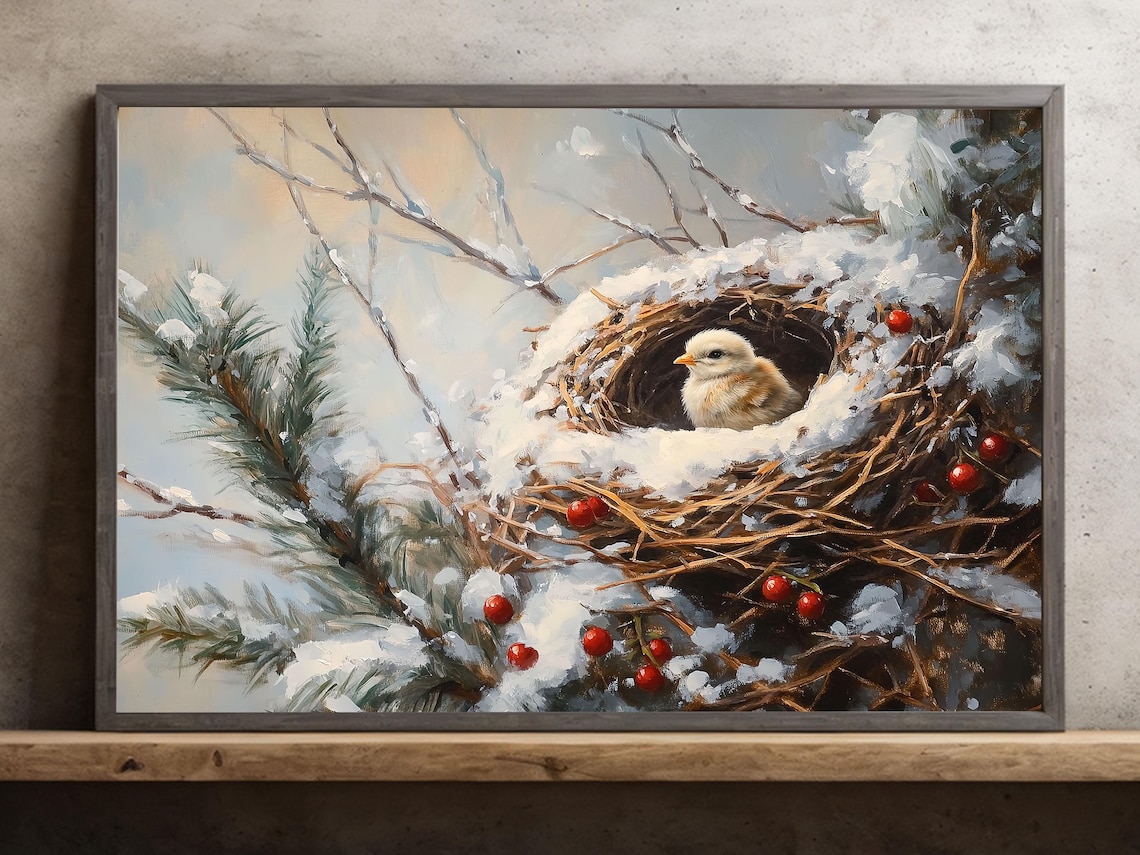 Baby Bird Snowy Nest Red Berries Winter Wildlife Painting Wall Art