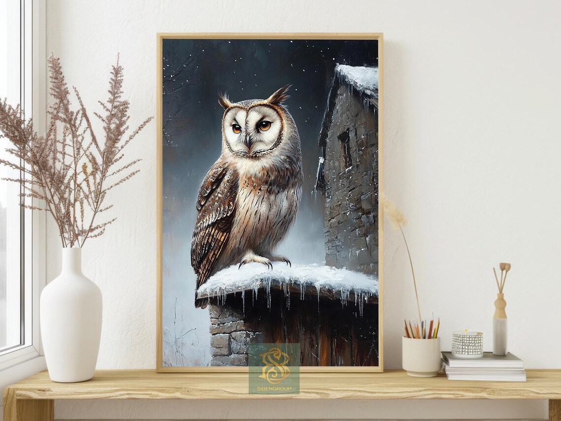 Vintage Barn Owl and Snowy Owl, Rustic Winter Art Print - Image 4