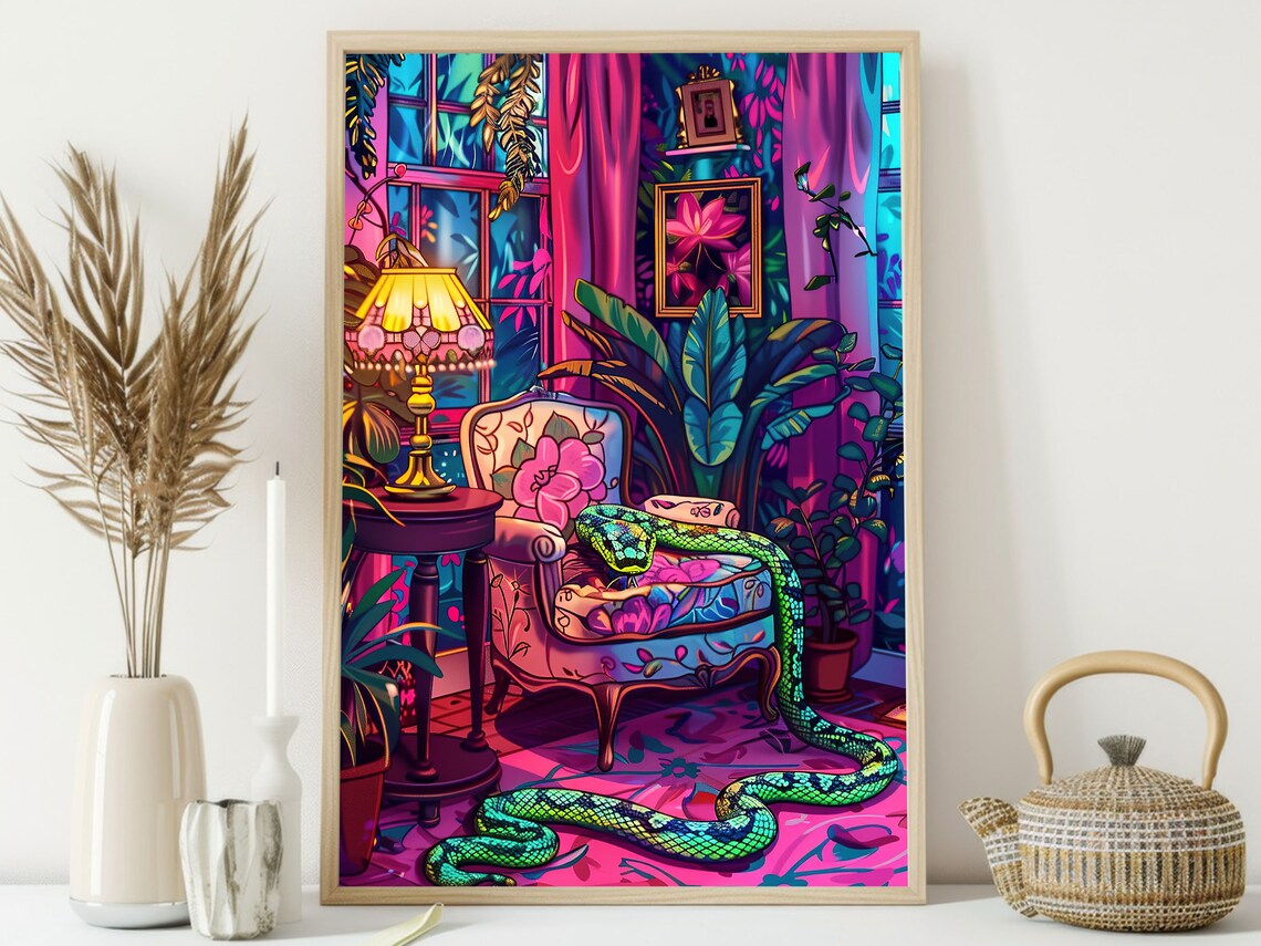 Matisse-Inspired Snake on Sofa Art Print, Dark Decor - Image 4