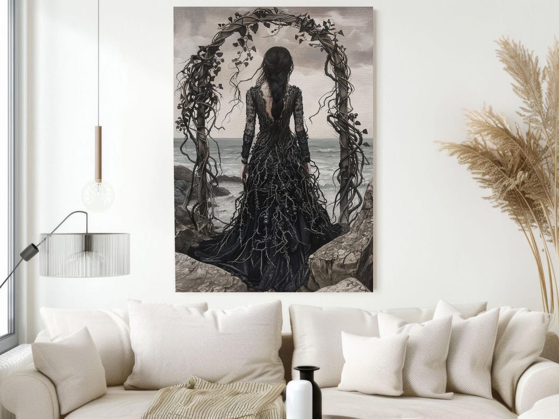 Dark Witch Gazing at Grey Coastline Under Twisted Vine Arch Art Poster - Image 2