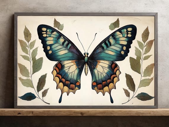 Cottage Butterfly Vintage Botanical Poster