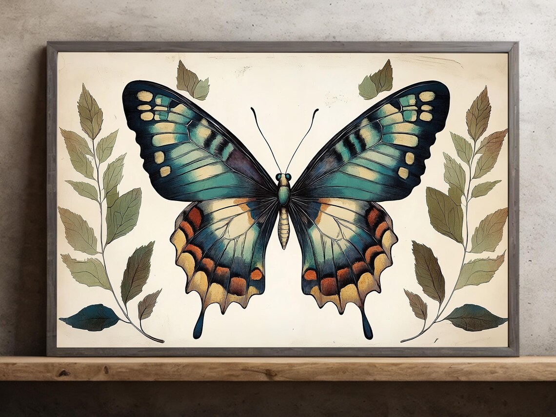 Cottage Butterfly Vintage Botanical Poster