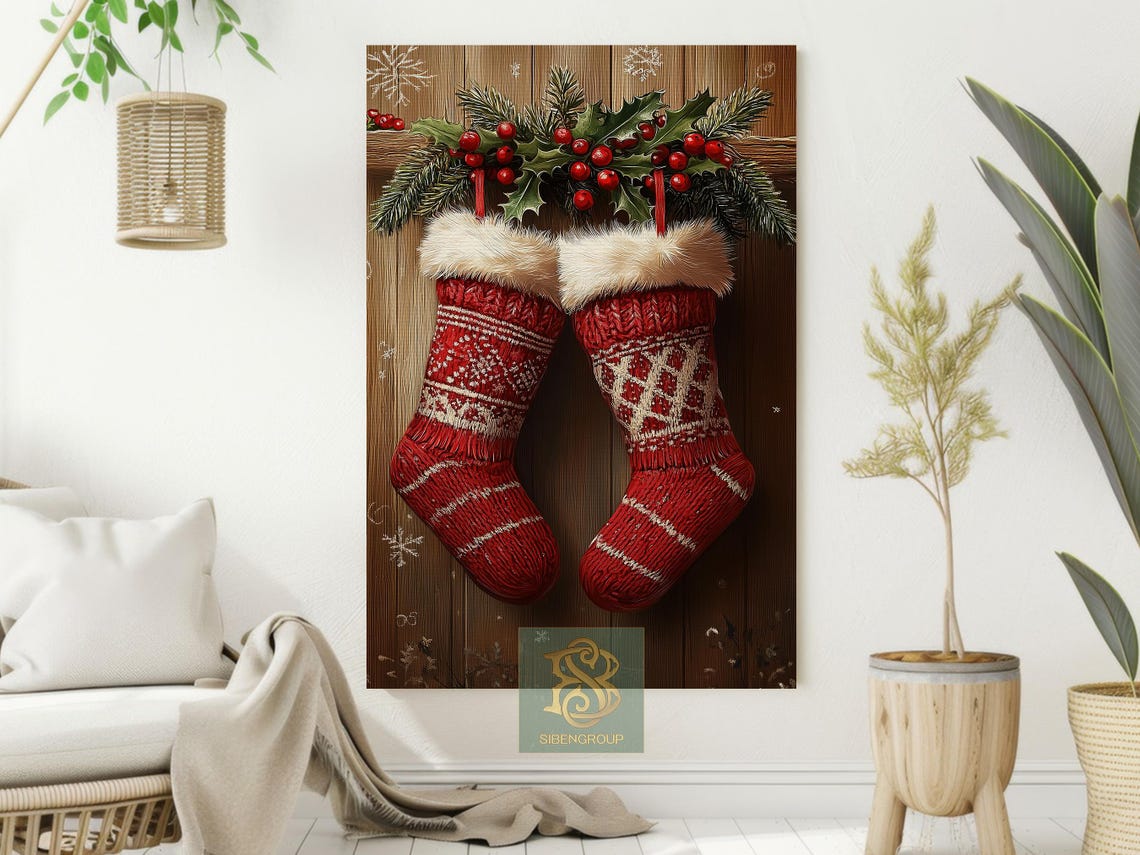 Red Knit Christmas Stockings With Fur Cuffs on Wood Wall Art Print - Image 2