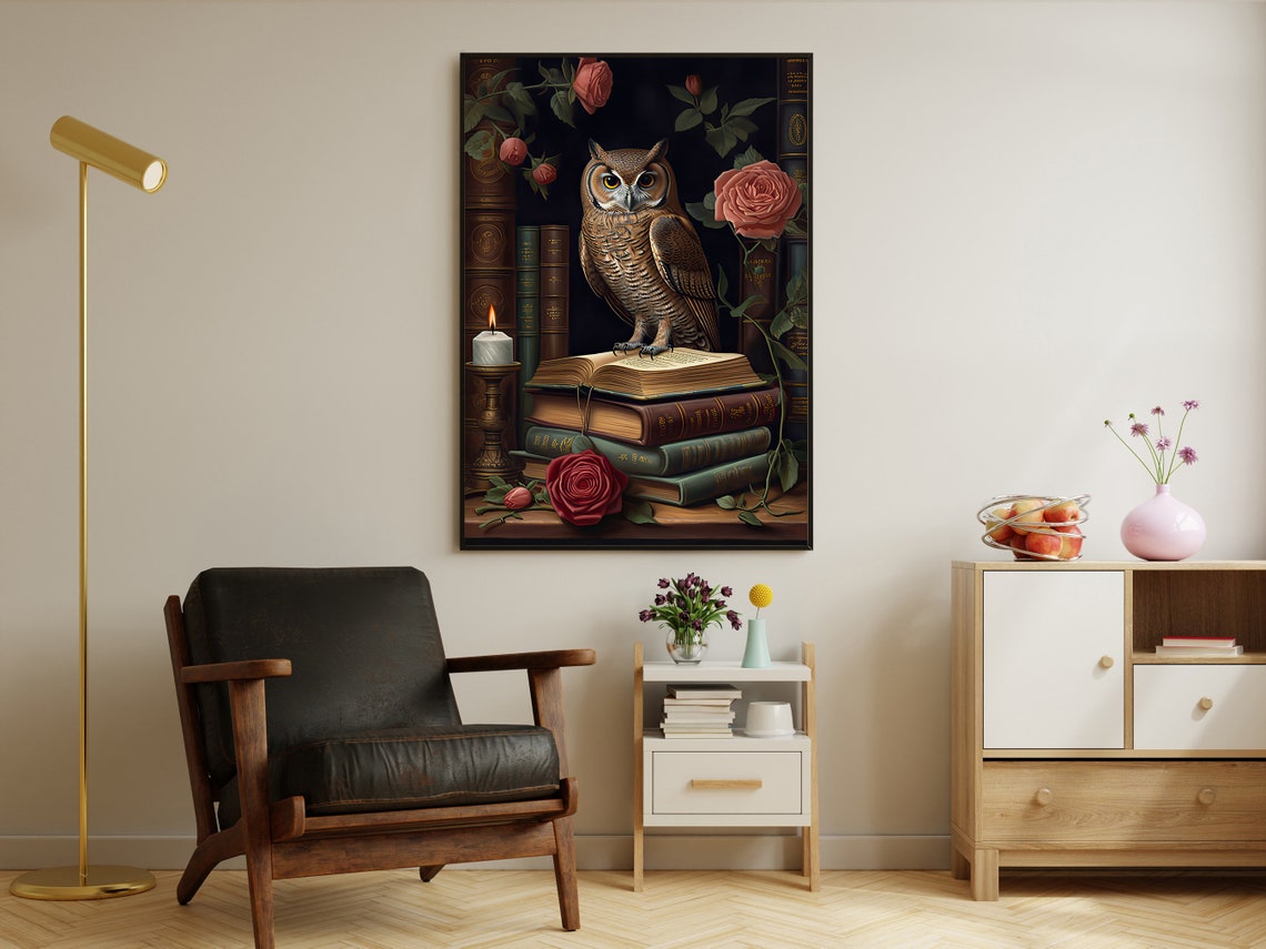 Owl Reading Open Book Candle Roses Dark Bookshelf Night Scene Poster - Image 2
