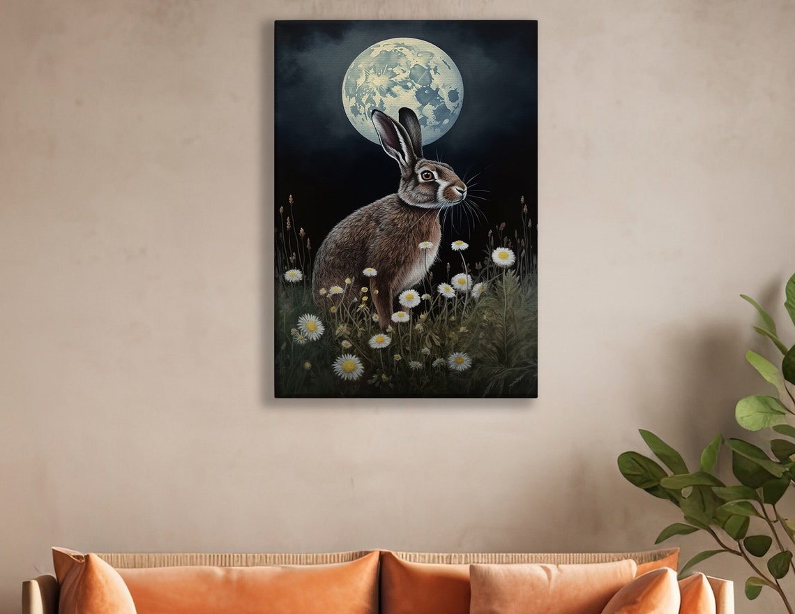 Hare Gazing At The Full Moon In A Daisy Meadow At Night Poster - Image 2