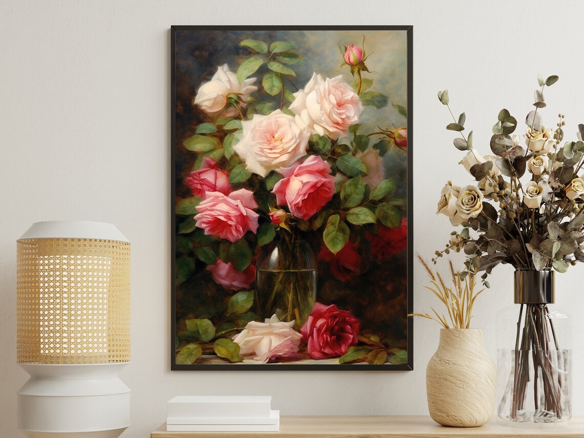 Vintage Flower Vase Painting, Retro Floral Art Print