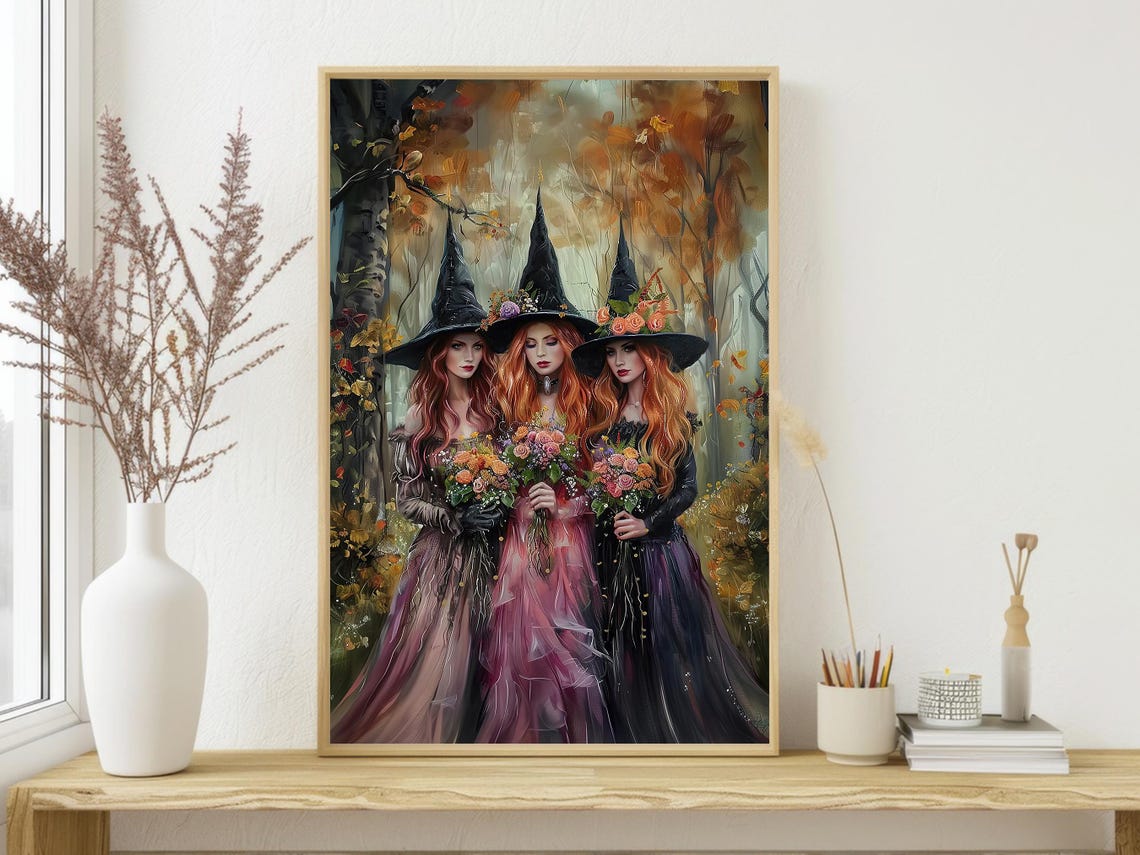 Three Beautiful Witches with Flower Crowns in Autumn Forest Art Poster - Image 3