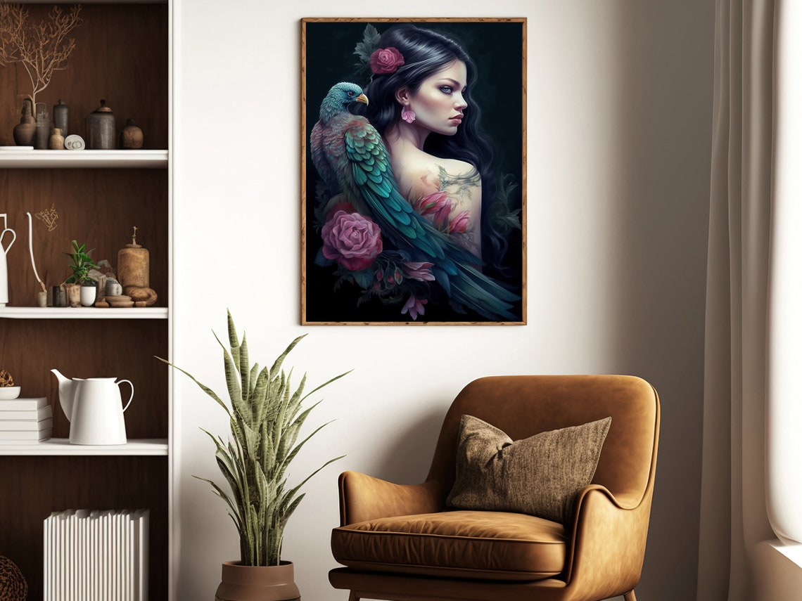 Dark Haired Beauty With Teal Parrot And Blush Roses Gothic Poster - Image 3
