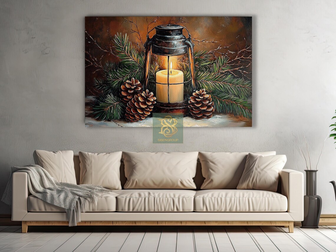 Cozy Christmas Lantern, Rustic Vintage Art Print - Image 2