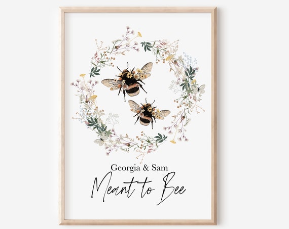 Personalised Couple Bee Print, Bee Happy Quote Art Print