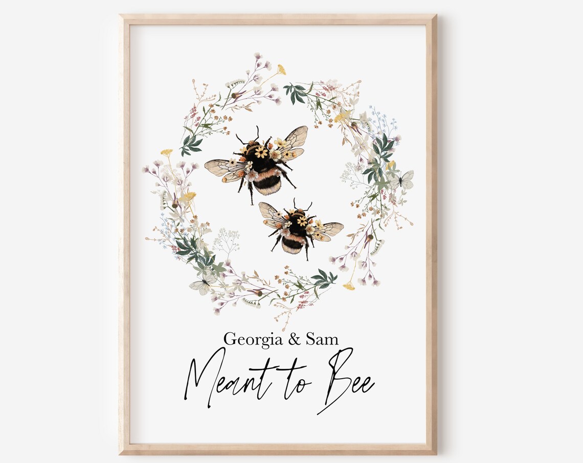 Personalised Couple Bee Print, Bee Happy Quote Art Print