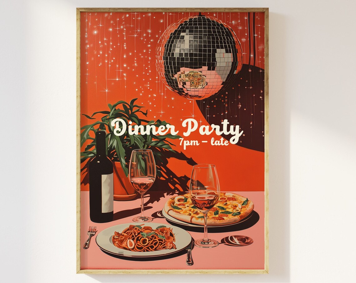 Dinner Party 7pm Till Late Retro Disco Ball Poster