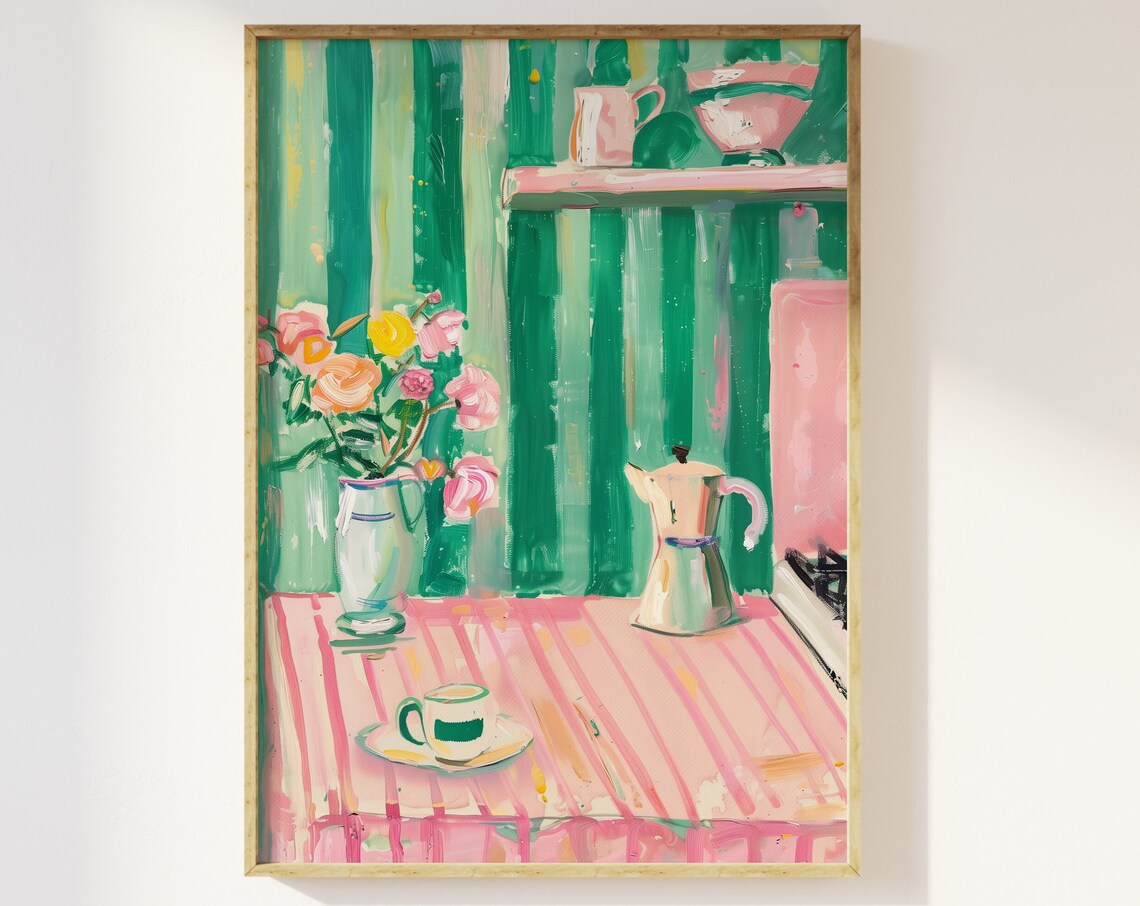 Pink Green Cute Kitchen Coffee Flowers Painted Dopamine Poster