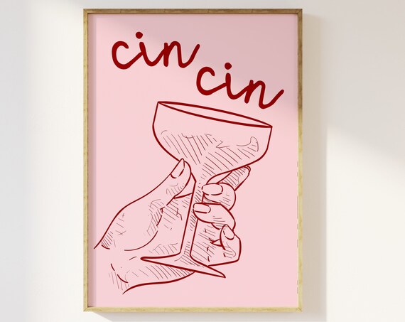 Cin Cin Cocktail Glass Pink Red Trendy Fun Kitchen Bar Wall Art