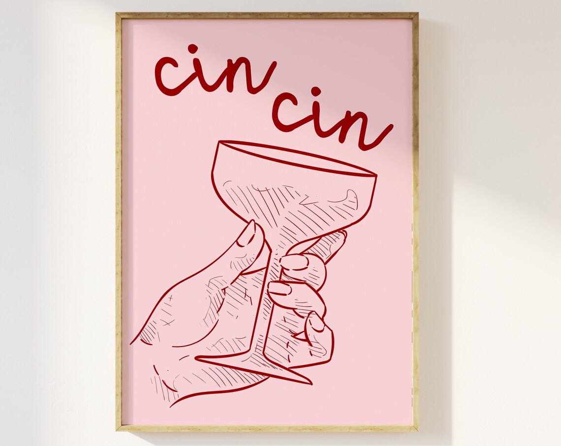 Cin Cin Cocktail Glass Pink Red Trendy Fun Kitchen Bar Wall Art