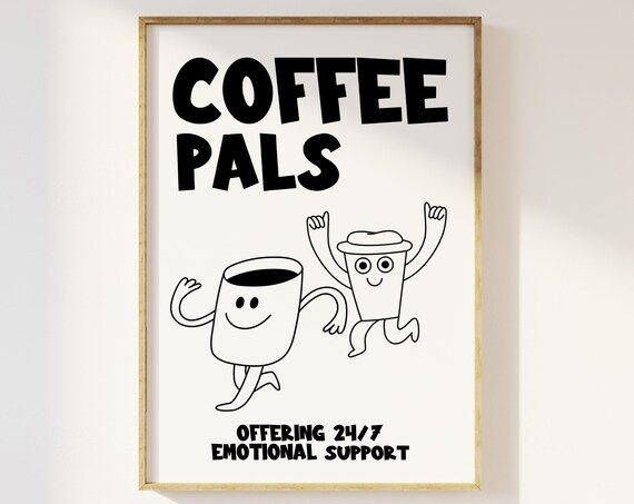 Coffee Pals Fun Illustration Kitchen Print, Retro Minimalist