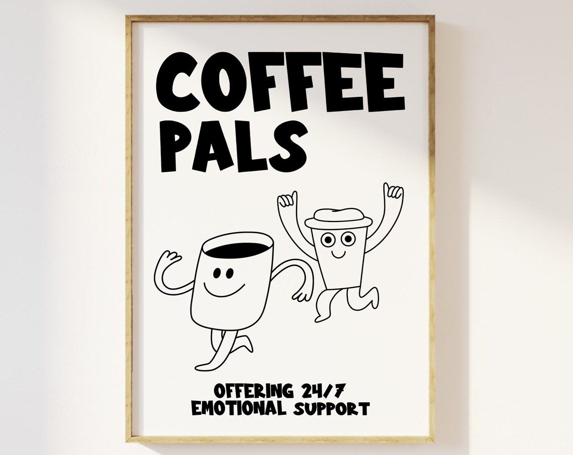 Coffee Pals Fun Illustration Kitchen Print, Retro Minimalist