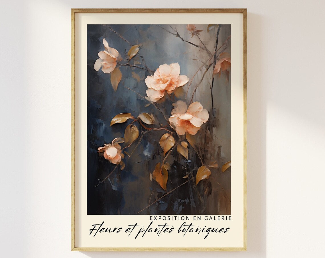 Peach Roses Dark Moody Oil Painting Botanical Exhibition Print