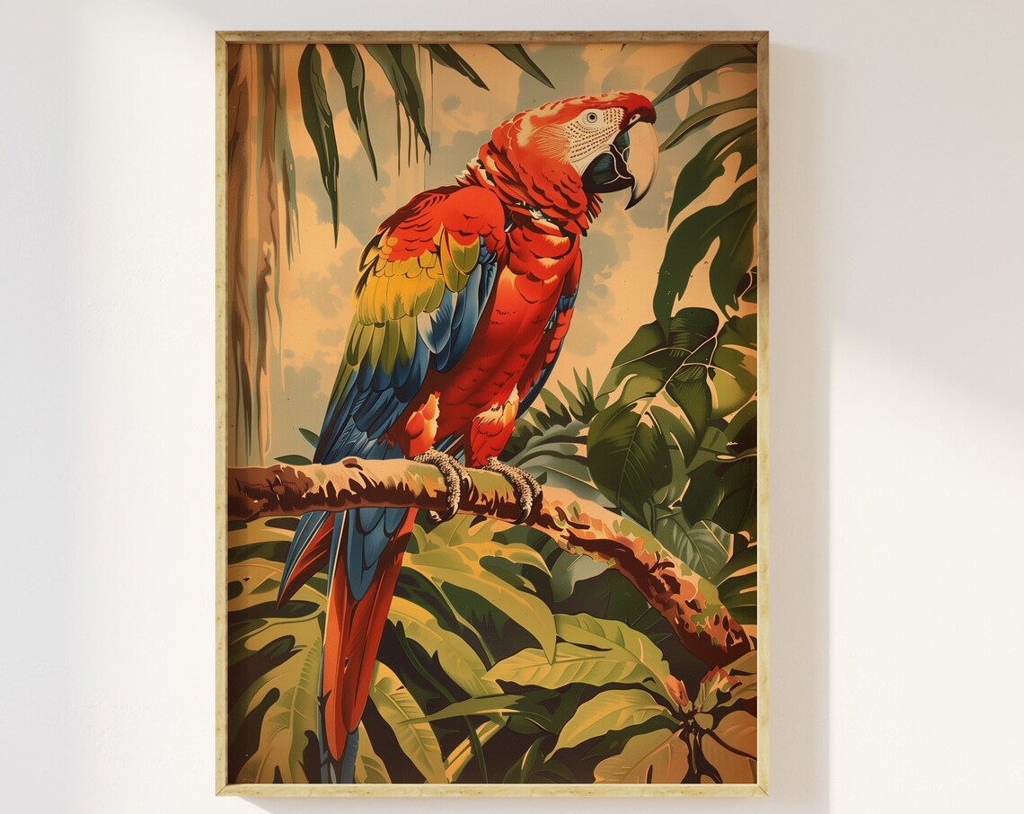Scarlet Macaw Tropical Jungle Parrot Vintage Illustration Poster