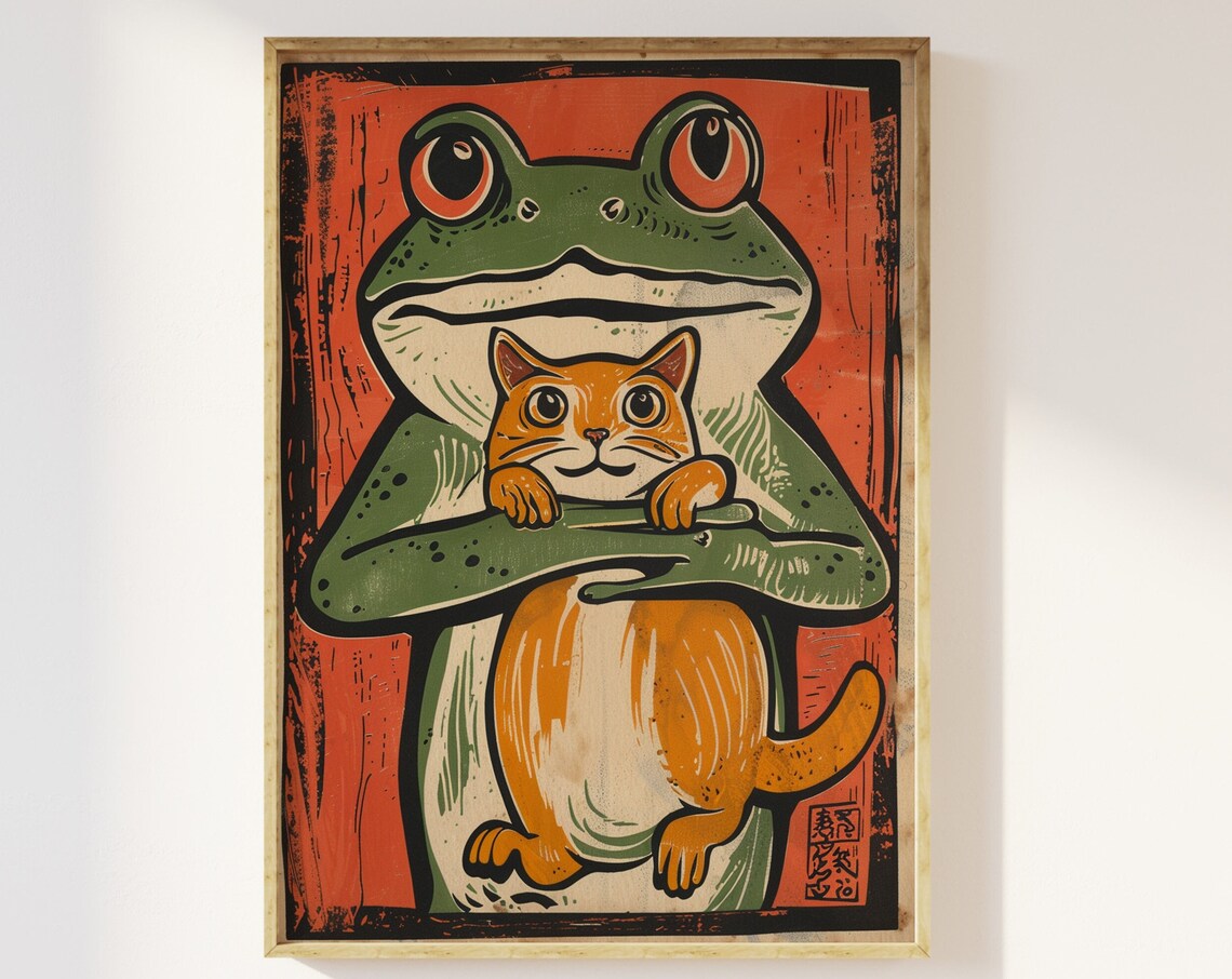Japanese Frog and Cat Wood Block Vintage Print