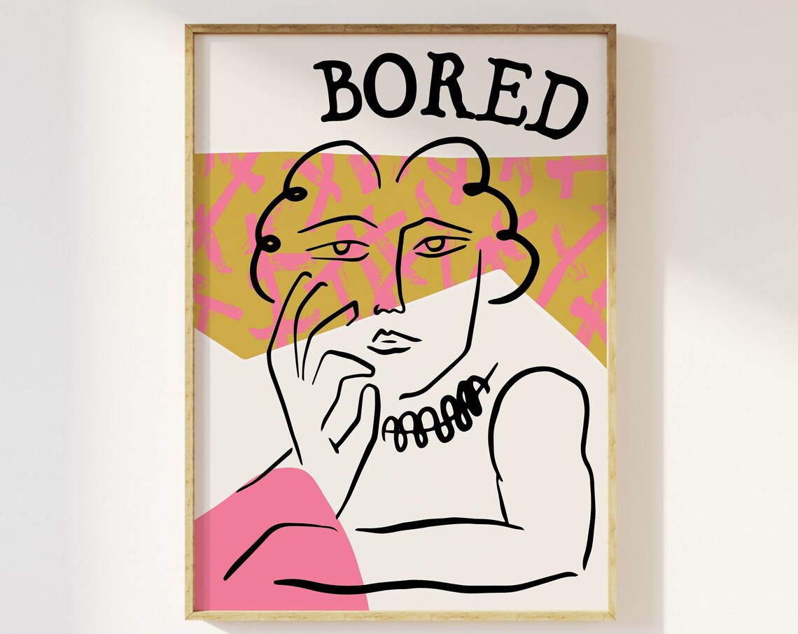 Bored Abstract Woman Mood Pink Modern Minimalist Line Art Print