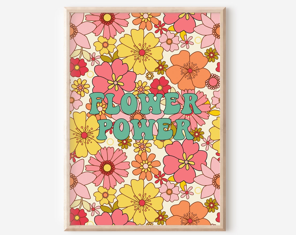Retro Flower Power Floral Art Print, Boho 70s Style