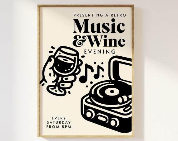 Retro Music And Wine Evening Poster, 90s Kitchen Art