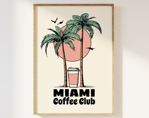 Miami Coffee Club Retro Poster, Palm Tree Travel