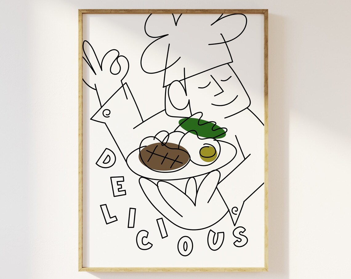Delicious Chef Line Art Chefs Kiss Funny Kitchen Foodie Poster