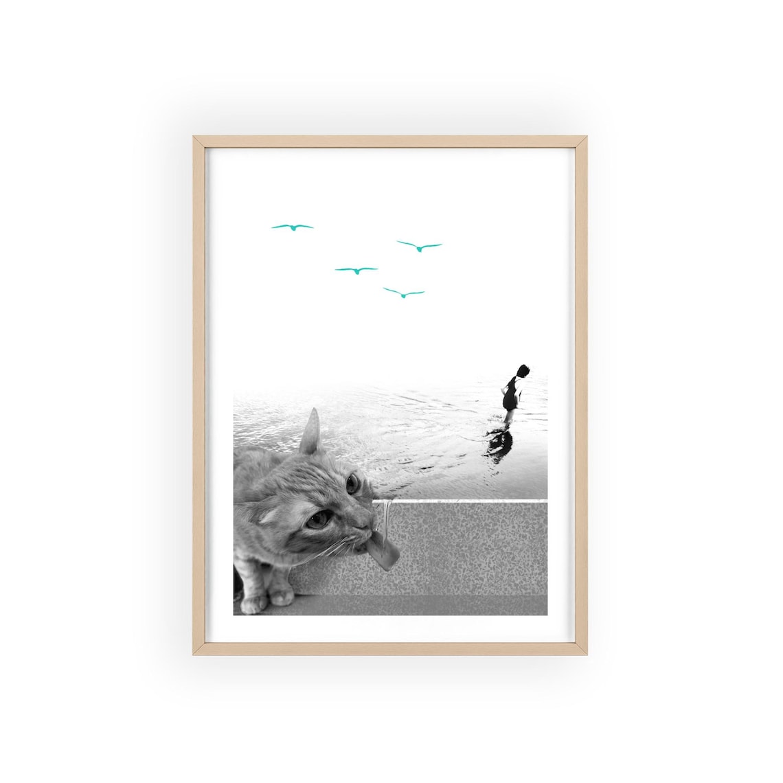Giant Cat on the Beach Surreal Collage Teal Birds Wall Poster - Image 4