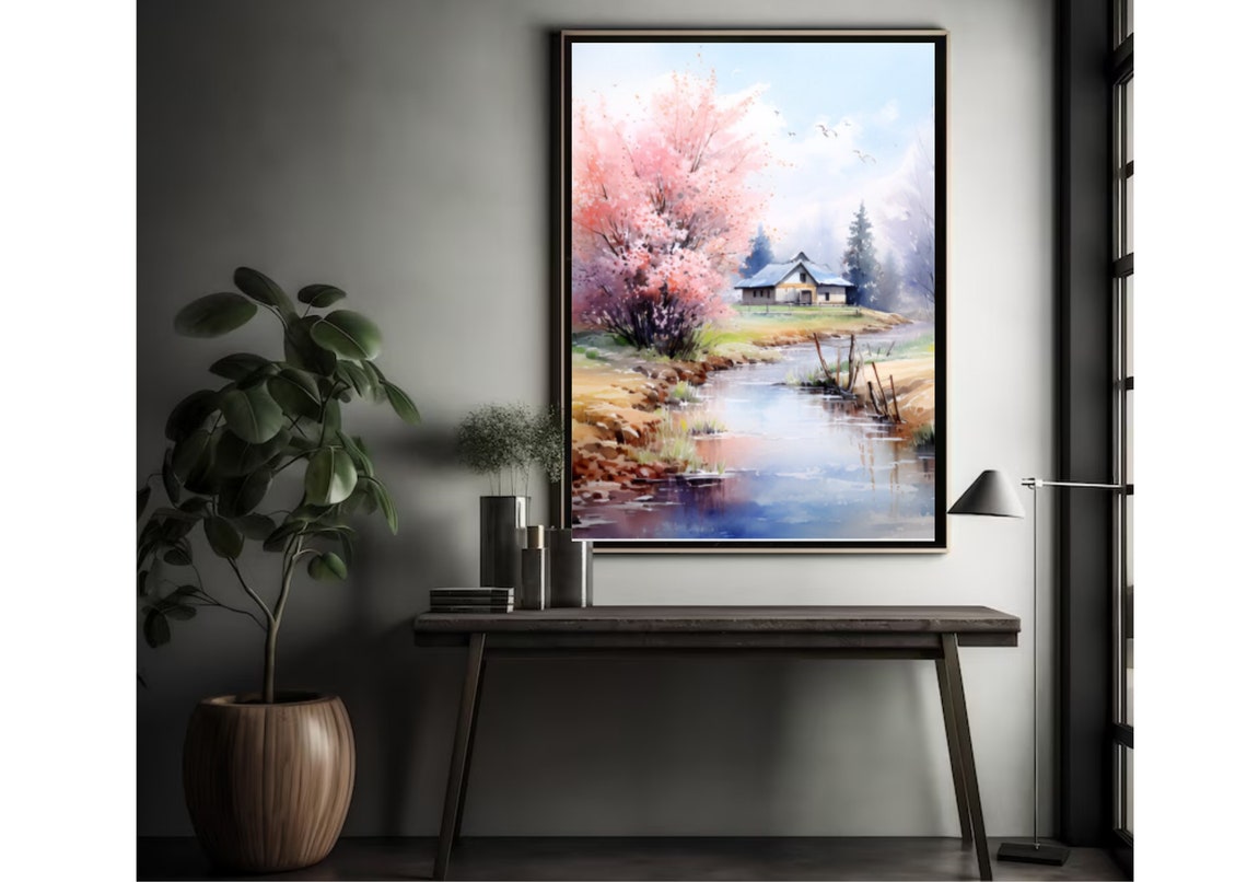 Spring Country Landscape Painting Vermont Watercolor Art Print Cherry Blossom Tree Art Watercolor Farmhouse Poster Country River Wall Art - Image 3