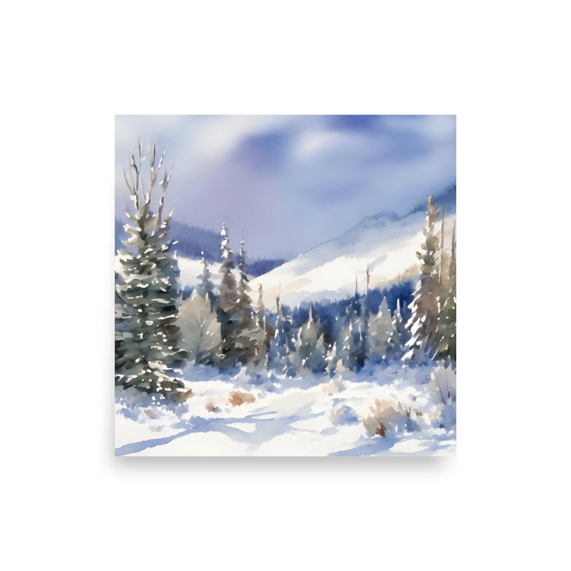 Blue Shadowed Snowy Mountain Forest Watercolor Winter Wall Art - Image 2